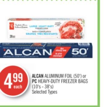 Shoppers Drug Mart Alcan aluminum foil (50') or pc heavy-duty freezer bags (10's - 38's) offer