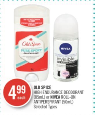 Shoppers Drug Mart Old spice high endurance deodorant (85ml) or nivea roll-on antiperspirant (50ml) offer