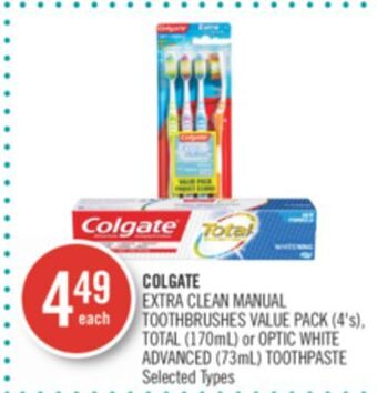 Shoppers Drug Mart Colgate extra clean manual toothbrushes value pack (4's), total (170ml) or optic white advanced (73ml) toothpaste offer
