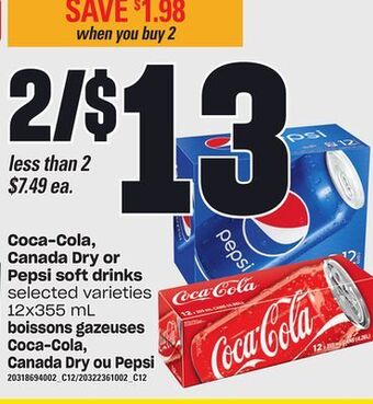 Independent City Market Boissons gazeuses coca-cola, canada dry ou pepsi. 12x355 ml offer