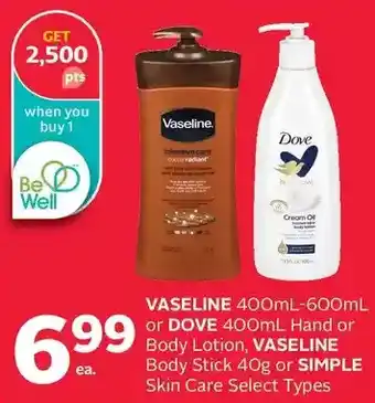 Rexall Vaseline or dove hand or body lotion, vaseline body stick or simple skin care offer