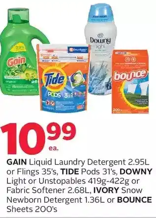 Rexall Gain liquid laundry detergent or flings, tide pods, downy light or unstopables or fabric softener, ivory snow newborn deterge offer