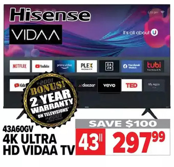 2001 Audio Video Hisense 43" 4k ultra hd vidaa tv offer