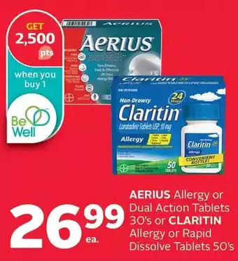 Rexall Aerius allergy or dual action tablets or claritin allergy or rapid dissolve tablets offer