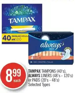 Shoppers Drug Mart Tampax tampons, always liners or pads offer