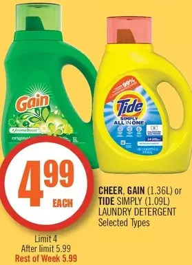 Shoppers Drug Mart Cheer, gain or tide simply laundry detergent offer