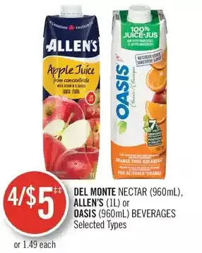Shoppers Drug Mart Del monte nectar, allen's or oasis beverages offer
