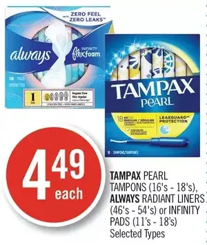 Shoppers Drug Mart Tampax pearl tampons, always radiant liners or infinity pads offer