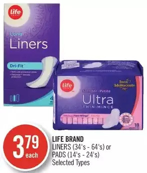 Shoppers Drug Mart Life brand liners or pads offer