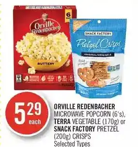 Shoppers Drug Mart Orville redenbacher microwave popcorn, terra vegetable or snack factory pretzel crisps offer