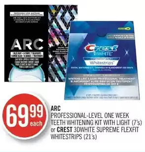 Shoppers Drug Mart Arc professional-level one week teeth whitening kit with light or crest 3dwhite supreme flexfit whitestrips offer