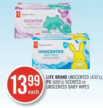 Shoppers Drug Mart Life brand unscented, pc scented or unscented baby wipes offer