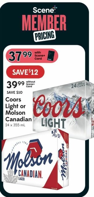 Sobeys Coors light or molson canadian 24 x 355ml offer