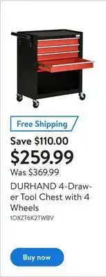 Walmart Durhand 4-drawer tool chest with 4 wheels offer