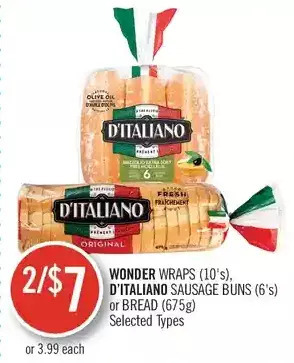 Shoppers Drug Mart Wonder wraps, d'italiano sausage buns or bread offer