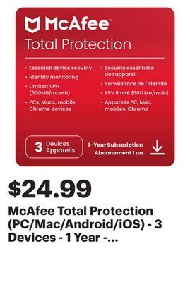 Best Buy Mcafee total protection (pc/mac/android/ios) - 3 devices - 1 year - digital download offer