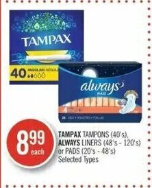 Shoppers Drug Mart Tampax tampons (40's), Always liners (48's - 120's) or pads (20's - 48's) offer