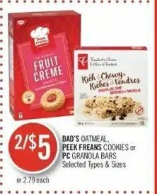 Shoppers Drug Mart Dad's oatmeal, Peek Freans cookies or PC granola bars offer