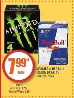 Shoppers Drug Mart Monster or Red Bull energy drink 4's offer
