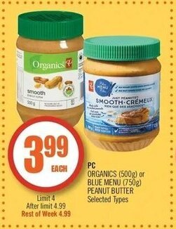 Shoppers Drug Mart PC organics (500g) or Blue Menu (750g) peanut butter offer