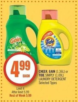 Shoppers Drug Mart Cheer, Gain (1,36L) or Tide simply (1,09L) laundry detergent offer