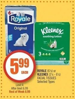 Shoppers Drug Mart Royale (6's) or Kleenex (3's - 6's) facial tissues offer
