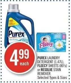 Shoppers Drug Mart Purex laundry detergent (1,47L) Fleecy sheets (80's) or Resolve stain remover offer