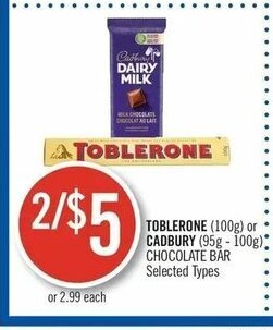Shoppers Drug Mart Toblerone (100g) or Cadbury (95g - 100g) chocolate bar offer