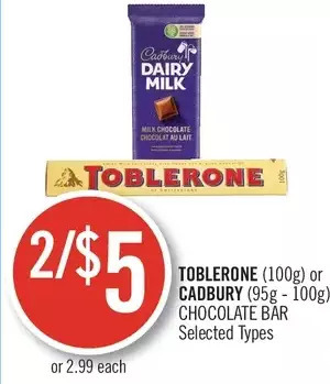 Shoppers Drug Mart Toblerone or cadbury chocolate bar offer