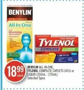 Shoppers Drug Mart Benylin all-in-one, Tylenol complete caplets (40's) or liquid (250ml - 270ml) offer