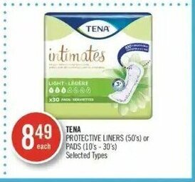 Shoppers Drug Mart Tena protective liners (50's) or pads (10's - 30's) offer