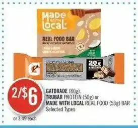 Shoppers Drug Mart Gatorade (80g), Trubar protein (50g) or Made with Local real food (53g) bar offer
