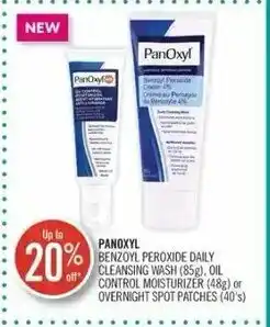 Shoppers Drug Mart Panoxyl benzoyl peroxide daily cleansing wash (85g), oil control moisturizer (48g) or overnight spot patches (40's) offer