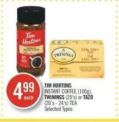 Shoppers Drug Mart Tim Hortons instant coffee (100g) Twinings (20's) or Tazo (20's - 24's) tea offer