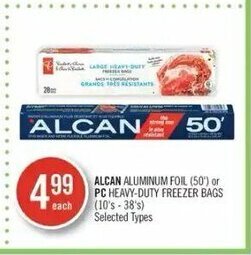 Shoppers Drug Mart Alcan aluminum foil (50's) or PC heavy-duty freezer bags (10's - 38's) offer