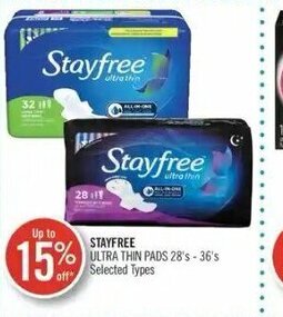 Shoppers Drug Mart Stayfree Ultra Thin Pads 28's - 36's offer