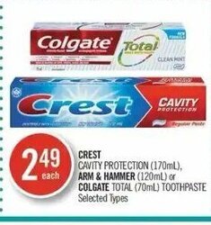 Shoppers Drug Mart Crest Cavity Protection 170ml, Arm & Hammer 120ml or Colgate Total 70ml Toothpaste offer