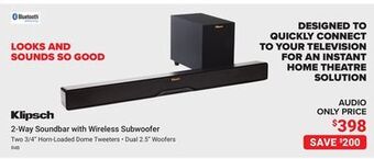Visions Electronics Klipsch 2-way soundbar with wireless subwoofer offer