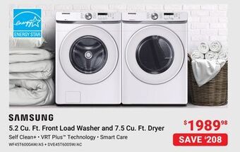 Visions Electronics Samsung 5.2 cu. ft. front load washer and 7.5 cu. ft. dryer offer