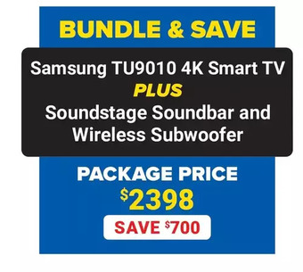 Visions Electronics Samsung tu9010 4k smart tv + soundstage soundbar and wireless subwoofer package offer