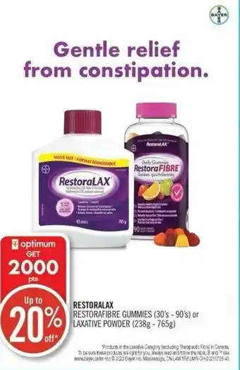 Shoppers Drug Mart RestoraLAX Restorafibre Gummes 30's-90's or Laxative Powder 238g-765g offer