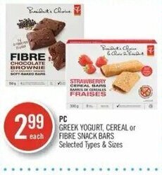 Shoppers Drug Mart PC Greek Yogurt , Cereal or Fibre Snack Bars offer