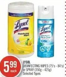 Shoppers Drug Mart Lysol Disinfecting Wipes (75's - 84's) or Spray (350g - 425g) offer