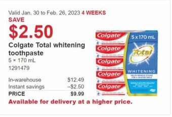 Costco Colgate Total Whitening Toothpaste 5 x 170ml offer