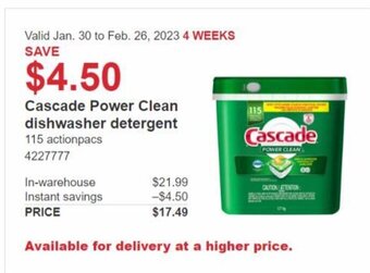 Costco Cascade Power Clean Dishwasher Detergent 115 Actionpacs offer