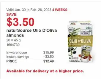 Costco NaturSource Olio D'Oliva Almonds 20 x 45g offer