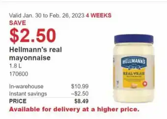 Costco Hellmann's Real Mayonnaise 1.8L offer