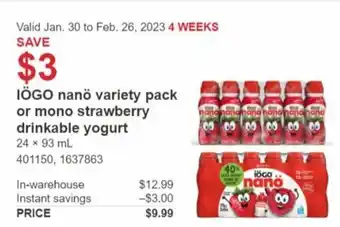 Costco Iogo Nano Variety Pack or Mono Strawberry Drinkable Yogurt offer