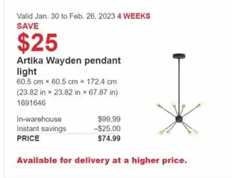 Costco Artika Wayden Pendant Light offer