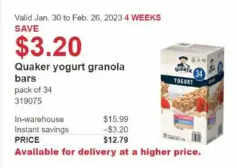 Costco Quaker Yogurt Granola Bars Pack of 34 offer